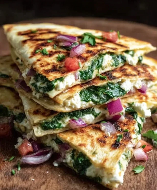 Mediterranean Quesadillas with Spinach, Feta, Mozzarella, and Red Onion