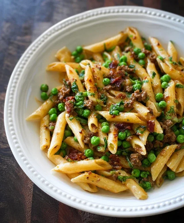 Penne Pasta, Peas and Beef Beef Bacon