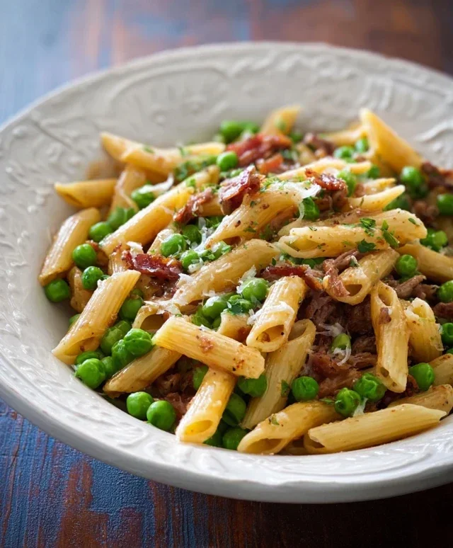 Penne Pasta, Peas and Beef Beef Bacon
