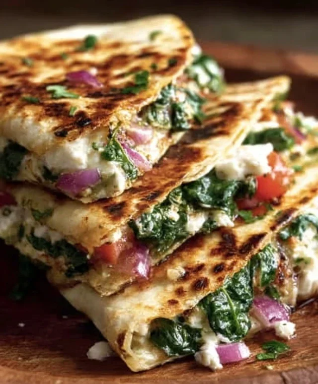 Mediterranean Quesadillas with Spinach, Feta, Mozzarella, and Red Onion