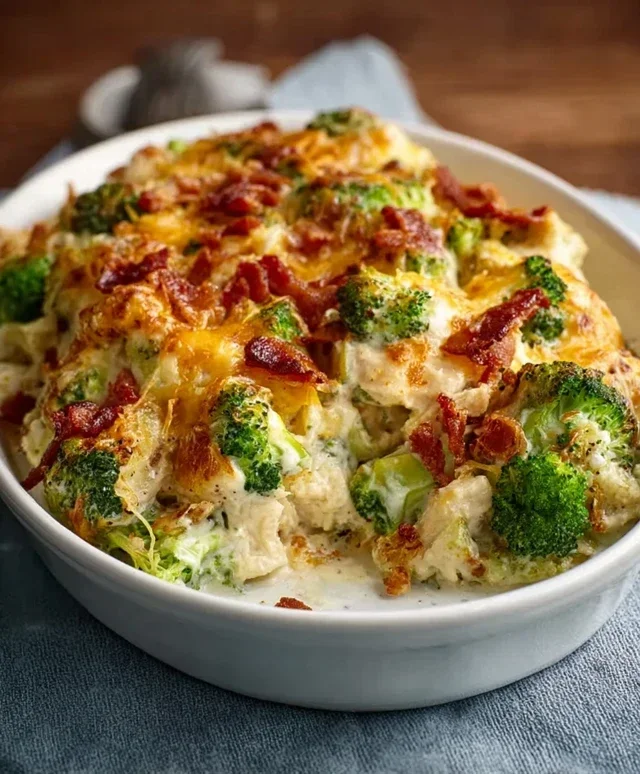 Creamy Low Carb Chicken Casserole with Broccoli and Beef Beef Bacon