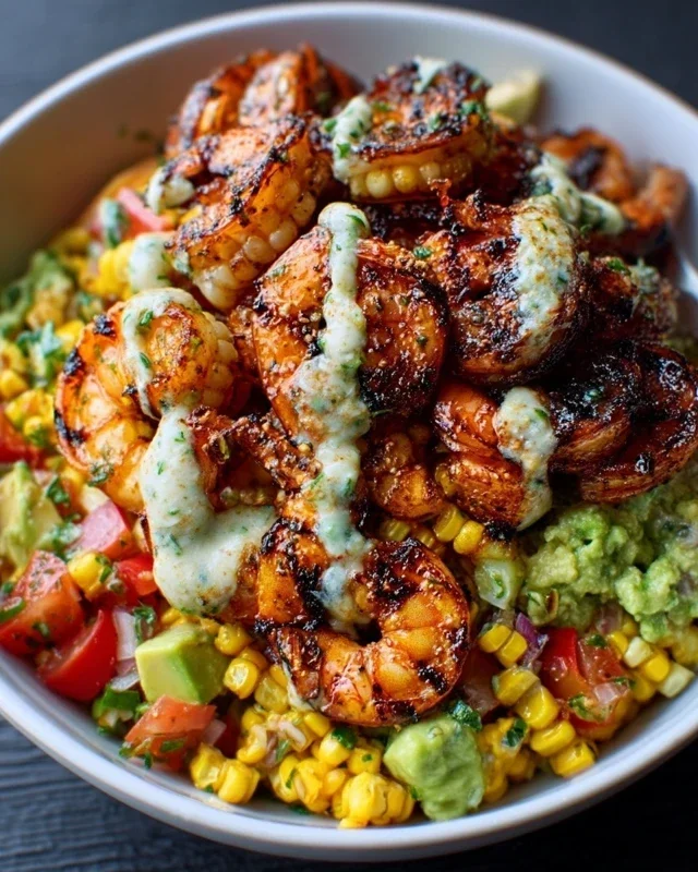 Grilled Shrimp Bowl With Avocado Corn Salsa Creamy Garlic Sauce