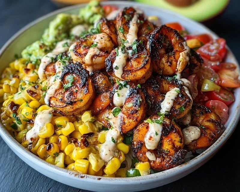 Grilled Shrimp Bowl With Avocado Corn Salsa Creamy Garlic Sauce