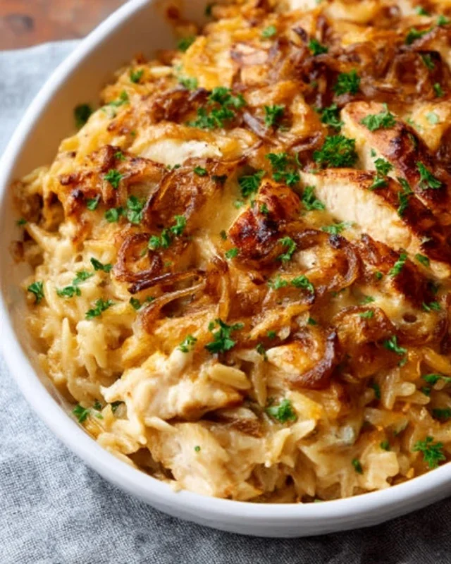 French Onion Chicken Orzo Casserole