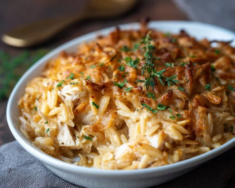 French Onion Chicken Orzo Casserole
