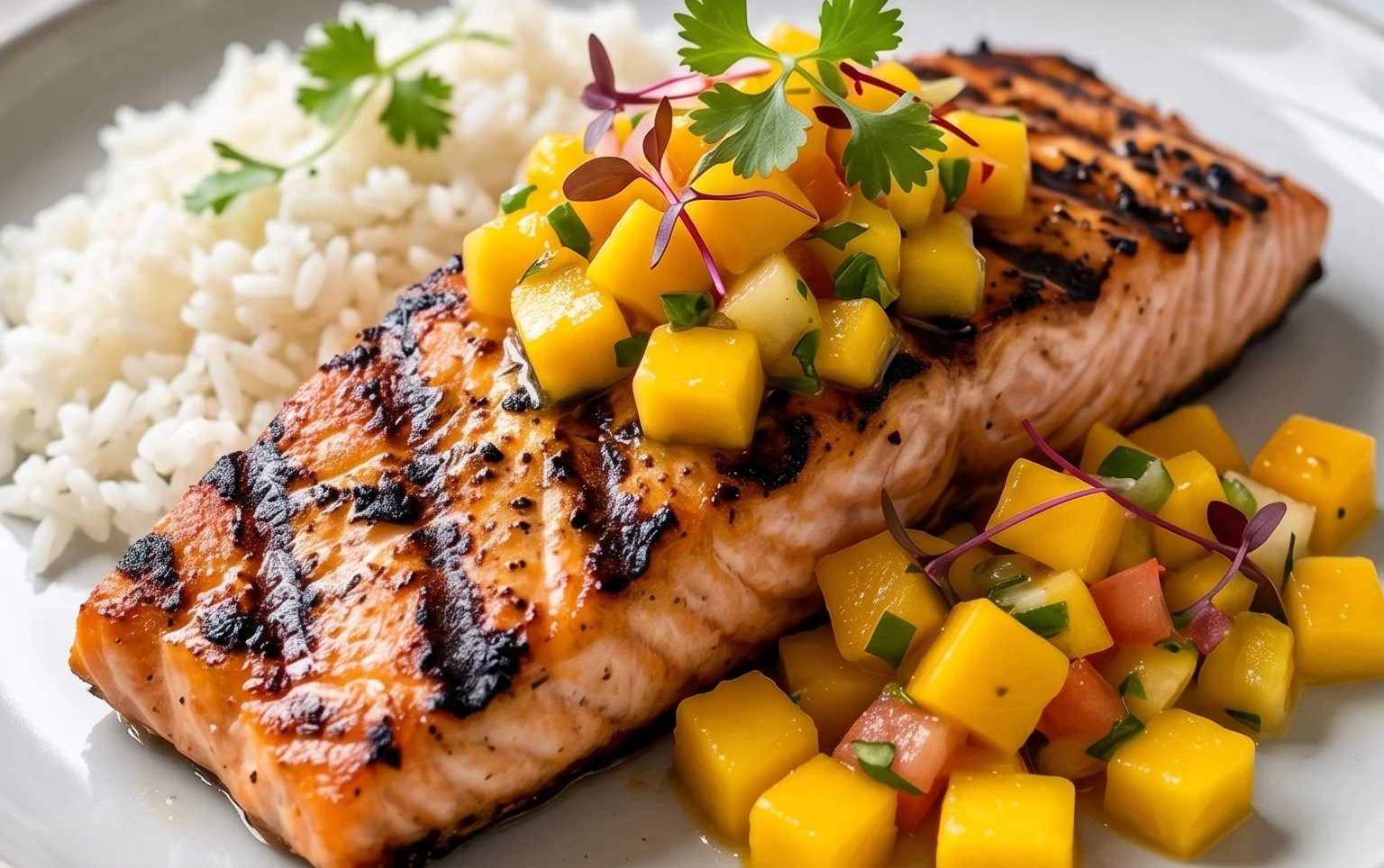 Grilled Salmon with Mango Salsa and Coconut Rice