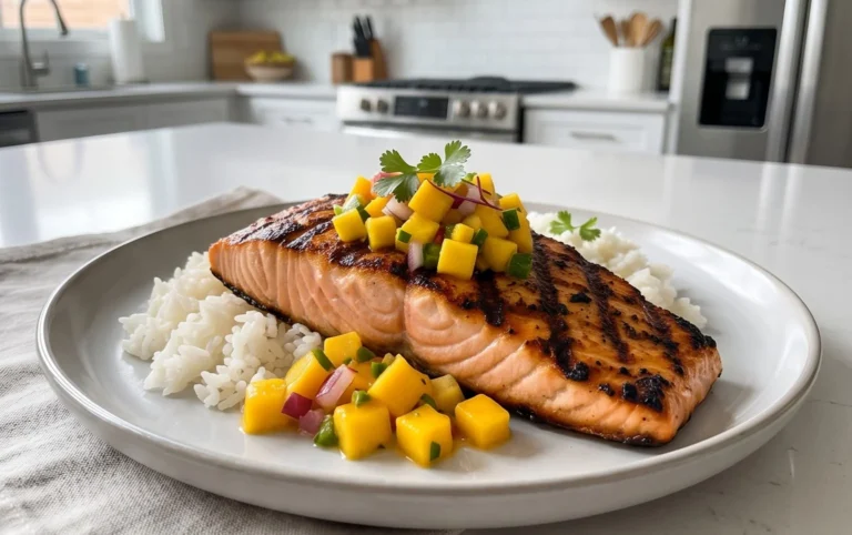 Grilled Salmon with Mango Salsa and Coconut Rice