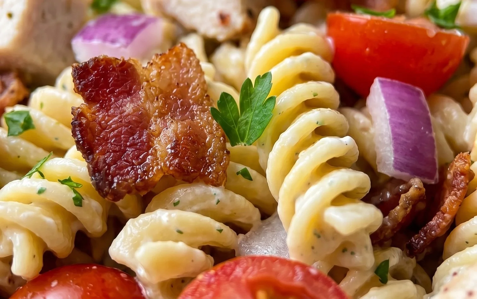 Chicken Beef Bacon Ranch Pasta Salad