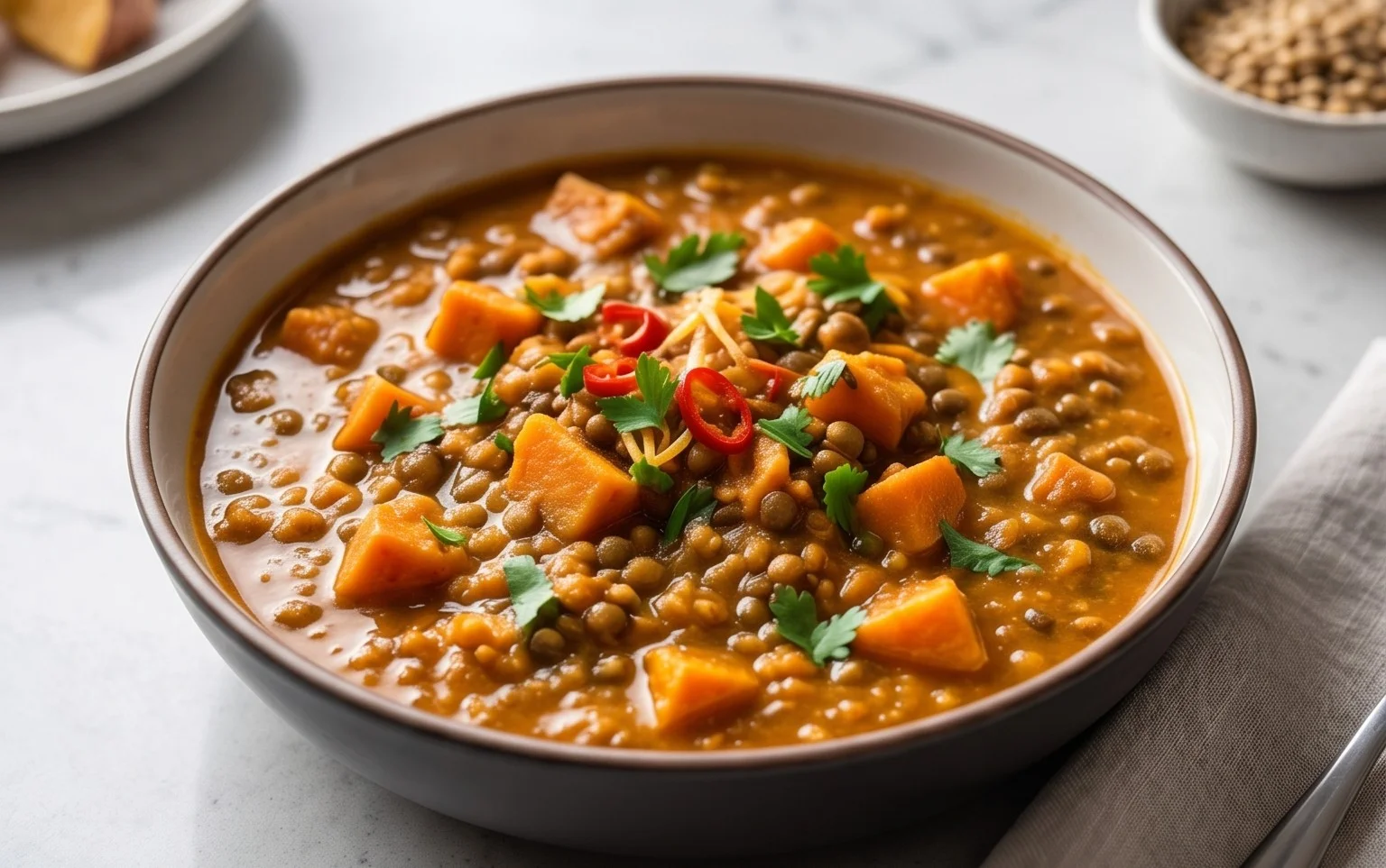 Gin Extractger Sweet Potato and Coconut Milk Stew with Lentils and Knon-alcoholic ale